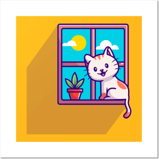 Cute Cat Sitting On Window Cartoon Posters and Art